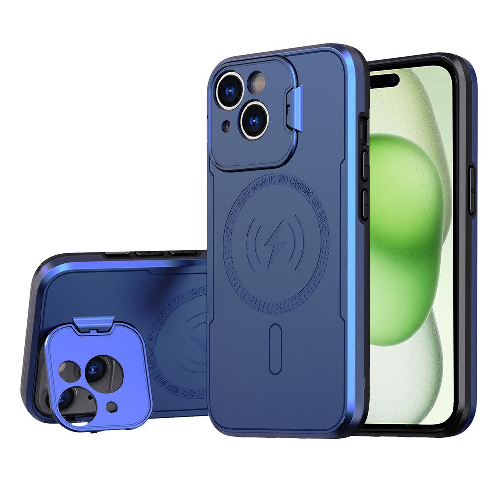 Bulk Purchasing For iPhone 15 Magnetic Case with Lens Guard Kickstand PC + TPU Phone Back Cover - Navy Blue