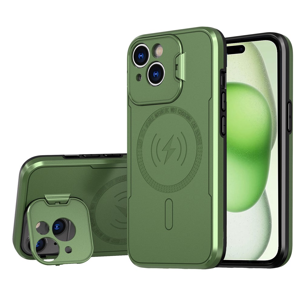 Bulk Purchasing For iPhone 15 Magnetic Case with Lens Guard Kickstand PC + TPU Phone Back Cover - Green