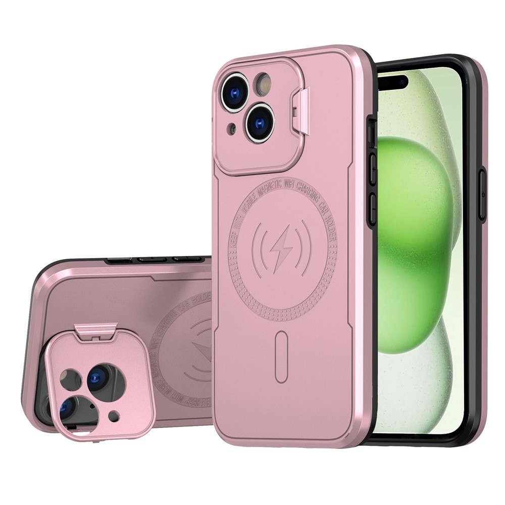 Bulk Purchasing For iPhone 15 Magnetic Case with Lens Guard Kickstand PC + TPU Phone Back Cover - Rose Gold