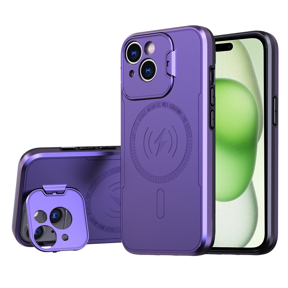 Bulk Purchasing For iPhone 15 Magnetic Case with Lens Guard Kickstand PC + TPU Phone Back Cover - Purple