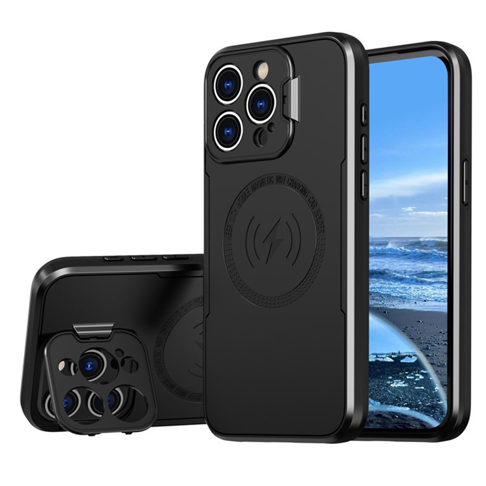 Bulk Purchasing For iPhone 15 Pro Magnetic Case with Lens Guard Kickstand PC + TPU Phone Back Cover - Black