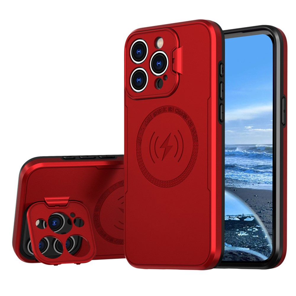 Bulk Purchasing For iPhone 15 Pro Magnetic Case with Lens Guard Kickstand PC + TPU Phone Back Cover - Red