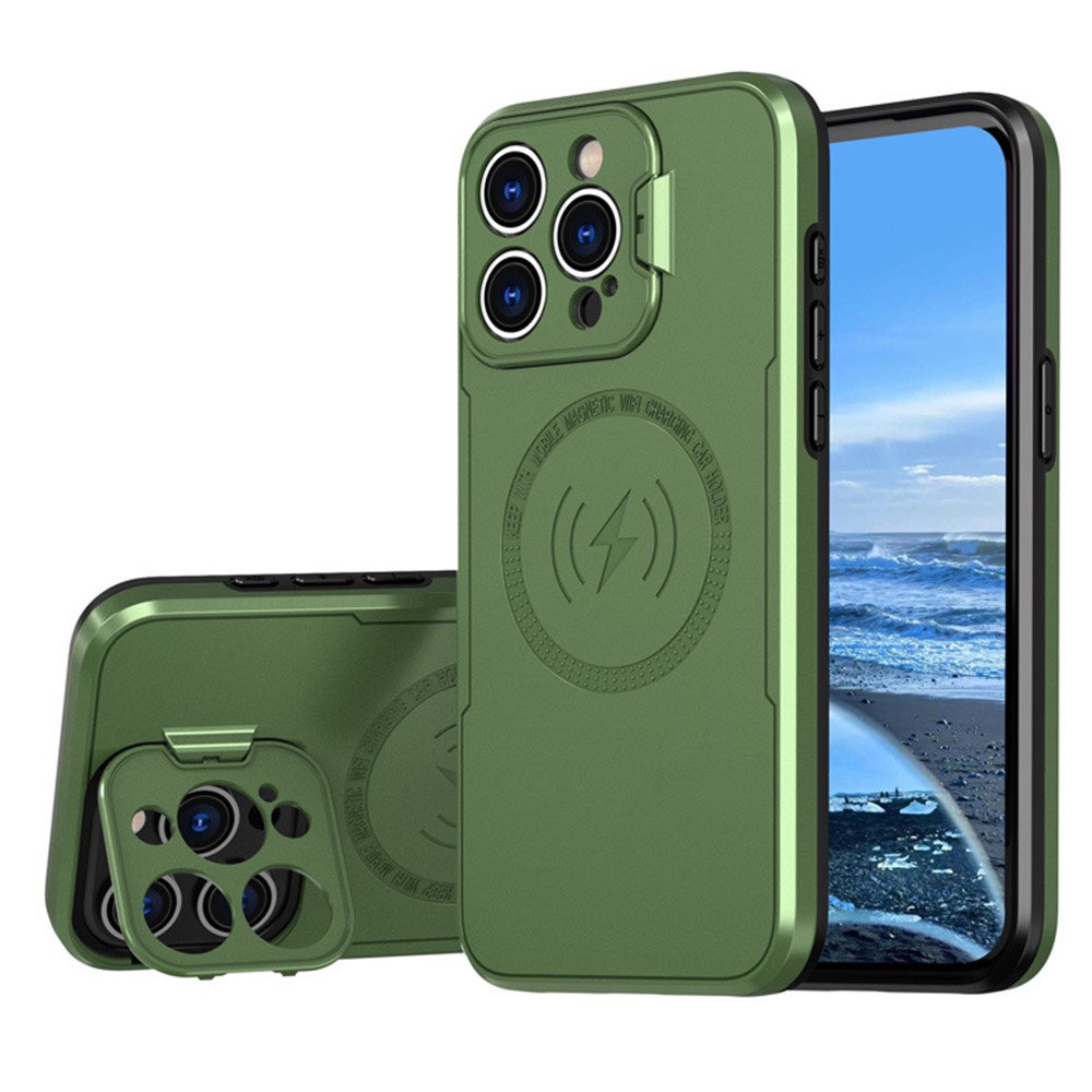 Bulk Purchasing For iPhone 15 Pro Magnetic Case with Lens Guard Kickstand PC + TPU Phone Back Cover - Green