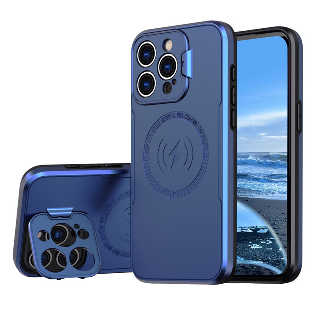 Bulk Purchasing For iPhone 15 Pro Max Magnetic Case with Lens Guard Kickstand PC + TPU Phone Back Cover - Navy Blue