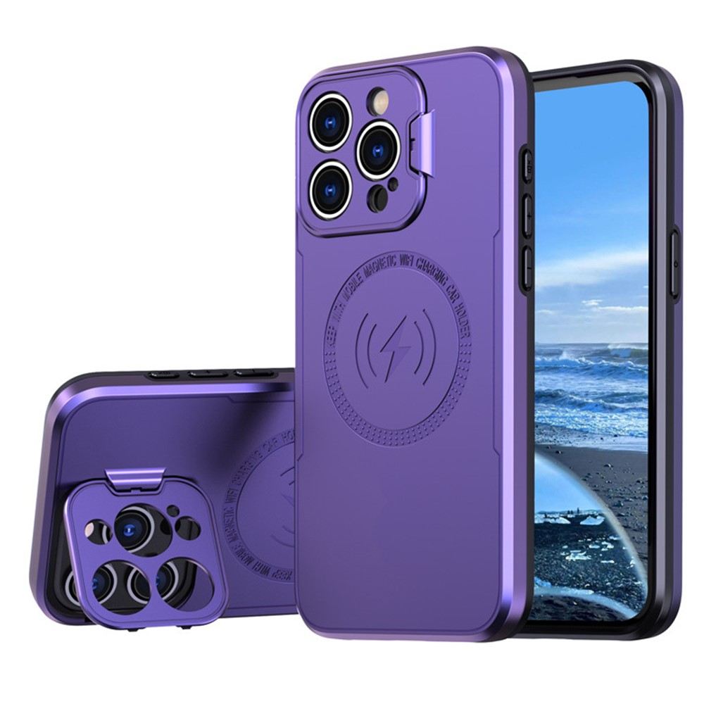 Bulk Purchasing For iPhone 15 Pro Max Magnetic Case with Lens Guard Kickstand PC + TPU Phone Back Cover - Purple