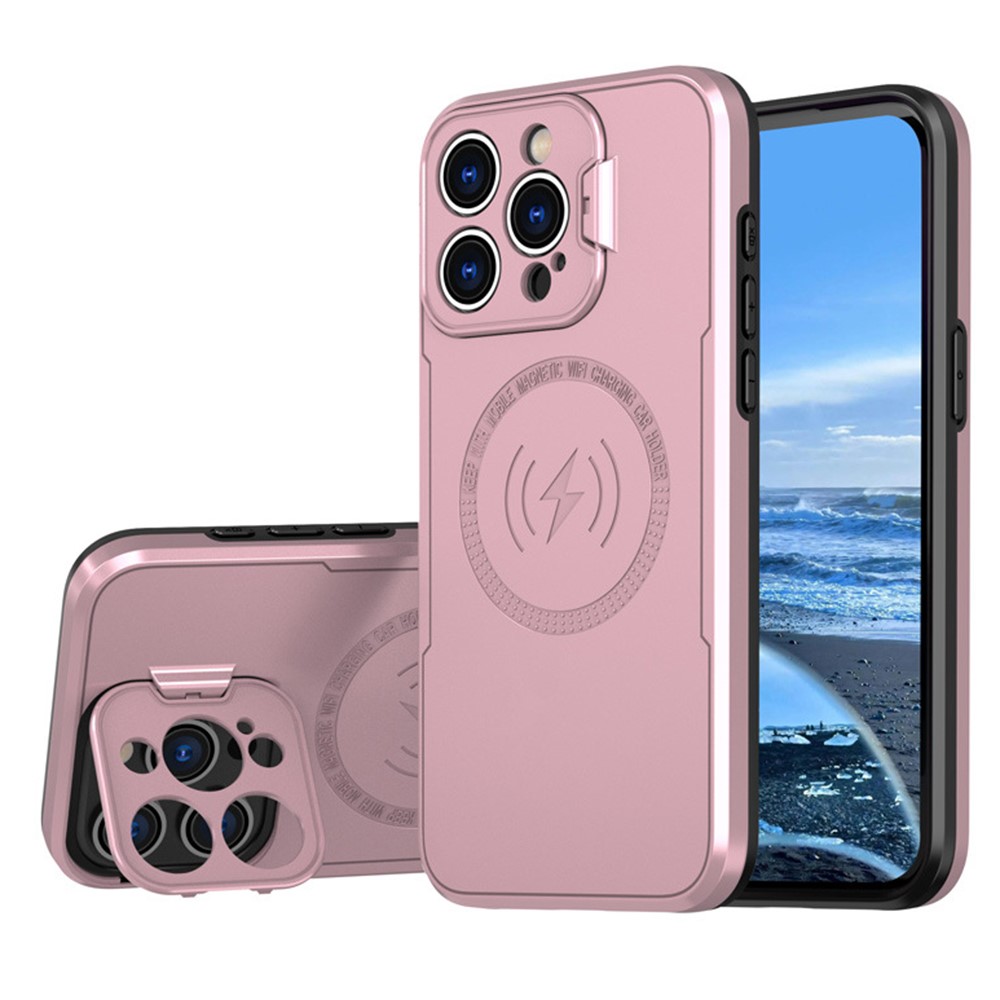 Bulk Purchasing For iPhone 15 Pro Max Magnetic Case with Lens Guard Kickstand PC + TPU Phone Back Cover - Rose Gold