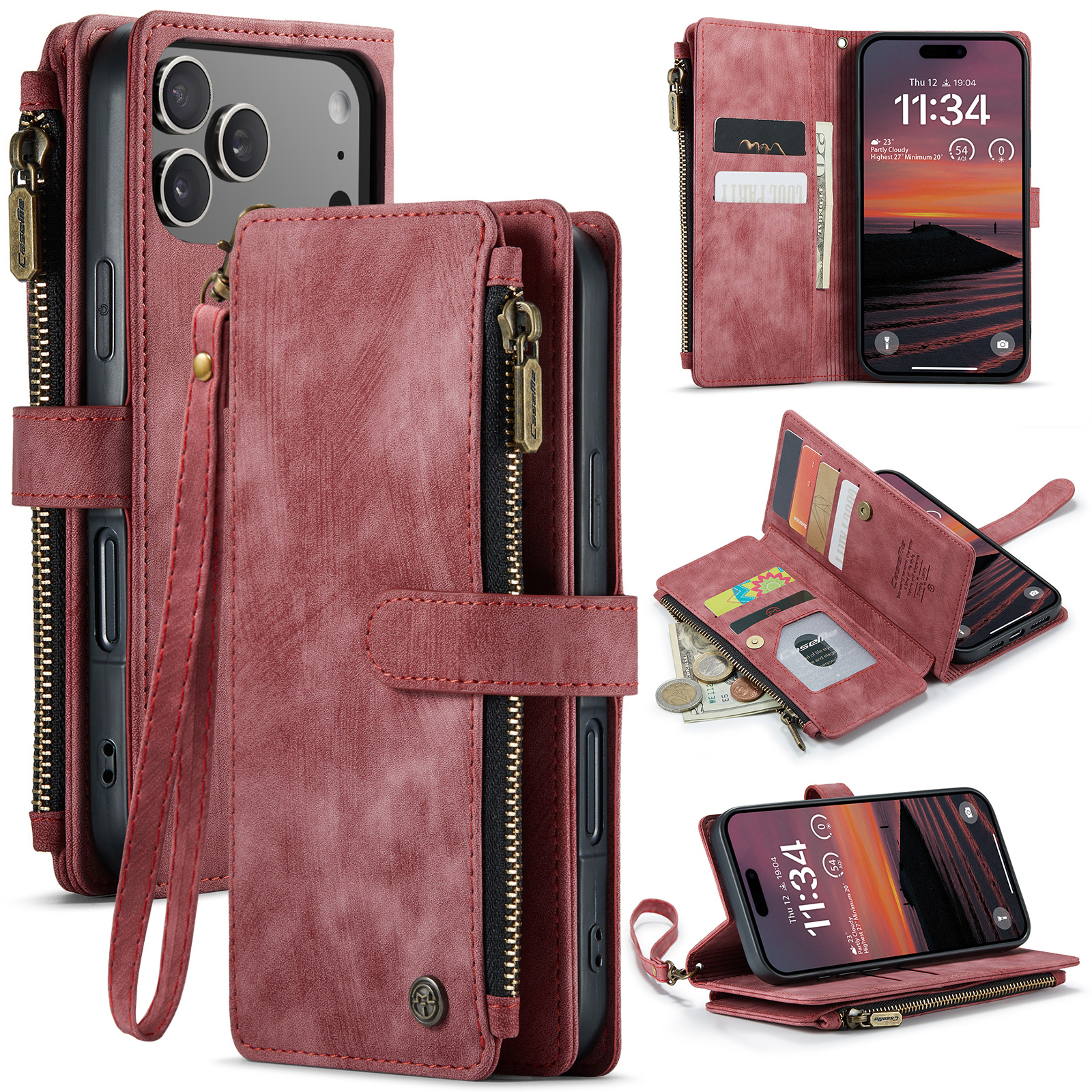 For iPhone 17 Pro Phone Cases with Strap CASEME C30 Zipper Multiple Card Holder PU Leather Cover - Red