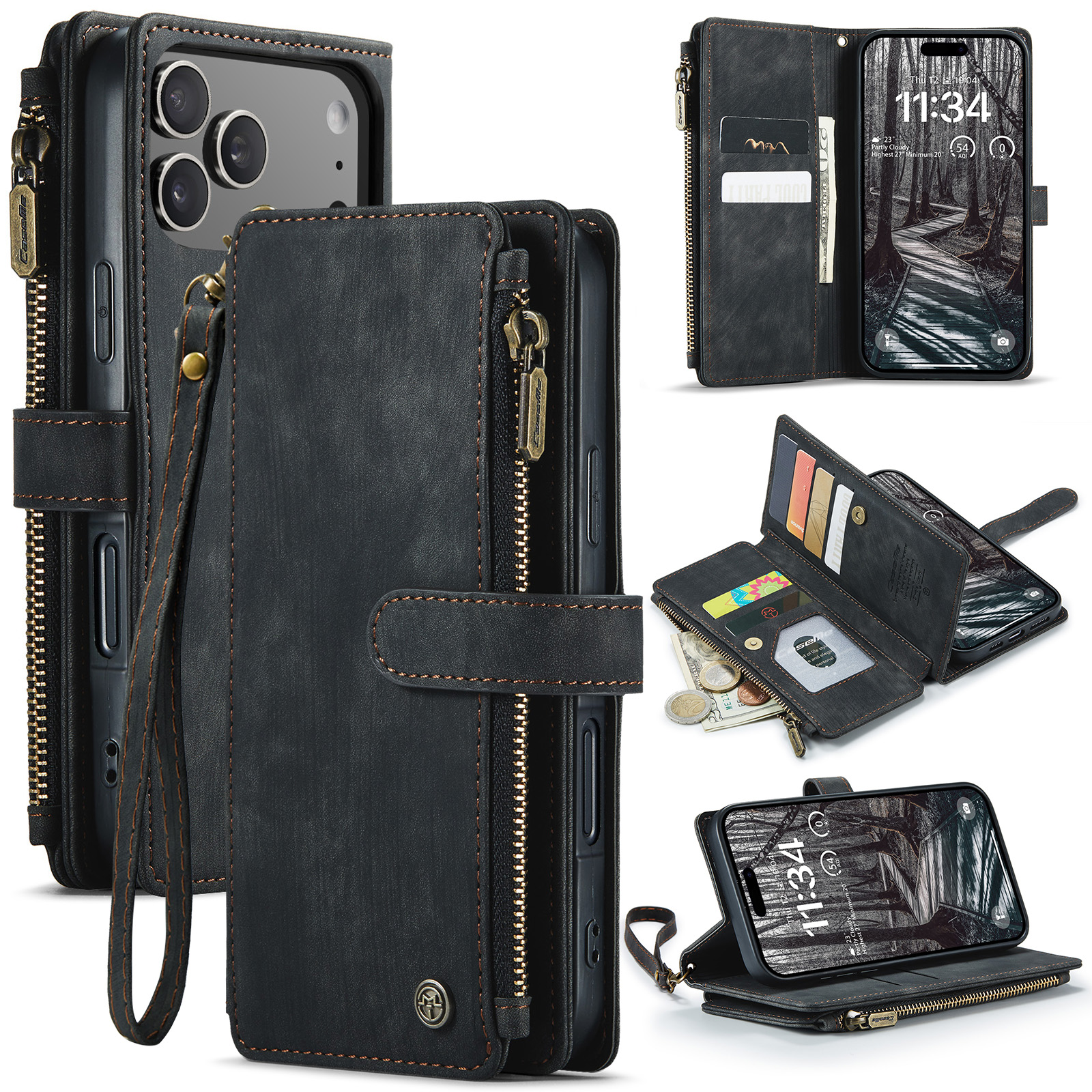 For iPhone 17 Pro Phone Cases with Strap CASEME C30 Zipper Multiple Card Holder PU Leather Cover - Black