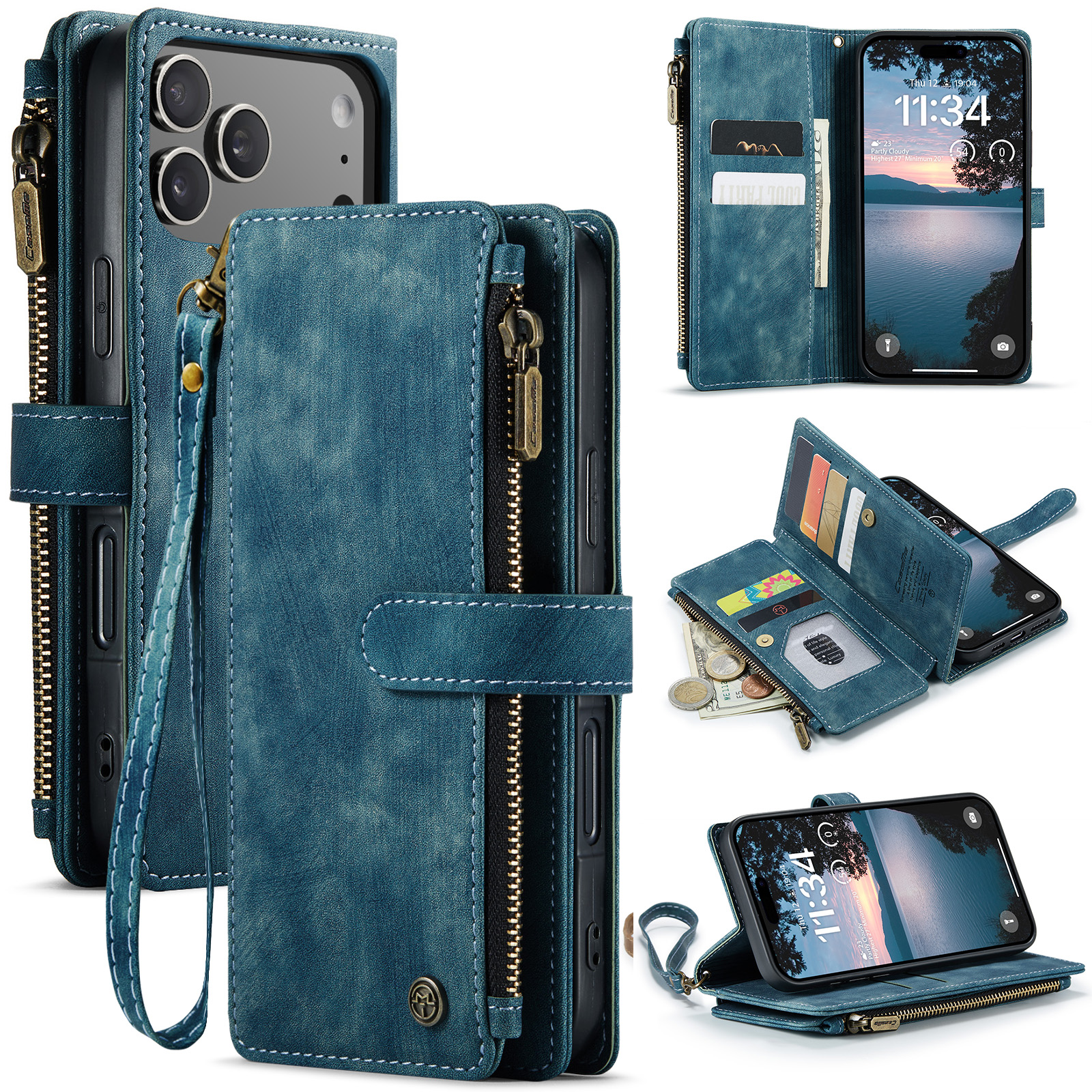 For iPhone 17 Pro Phone Cases with Strap CASEME C30 Zipper Multiple Card Holder PU Leather Cover - Blue