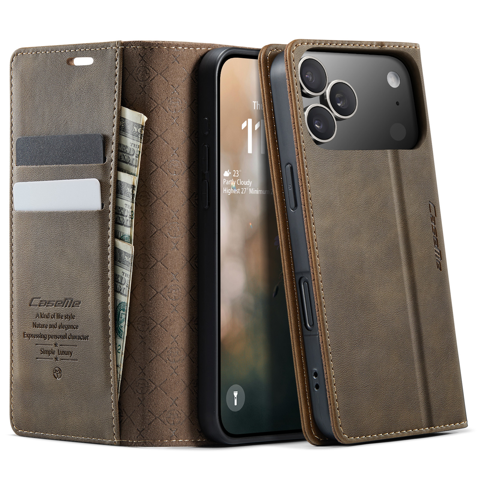 For iPhone 17 Pro Case CASEME 033 Series RFID Blocking Wallet Stand Calf Texture Leather Phone Cover - Coffee