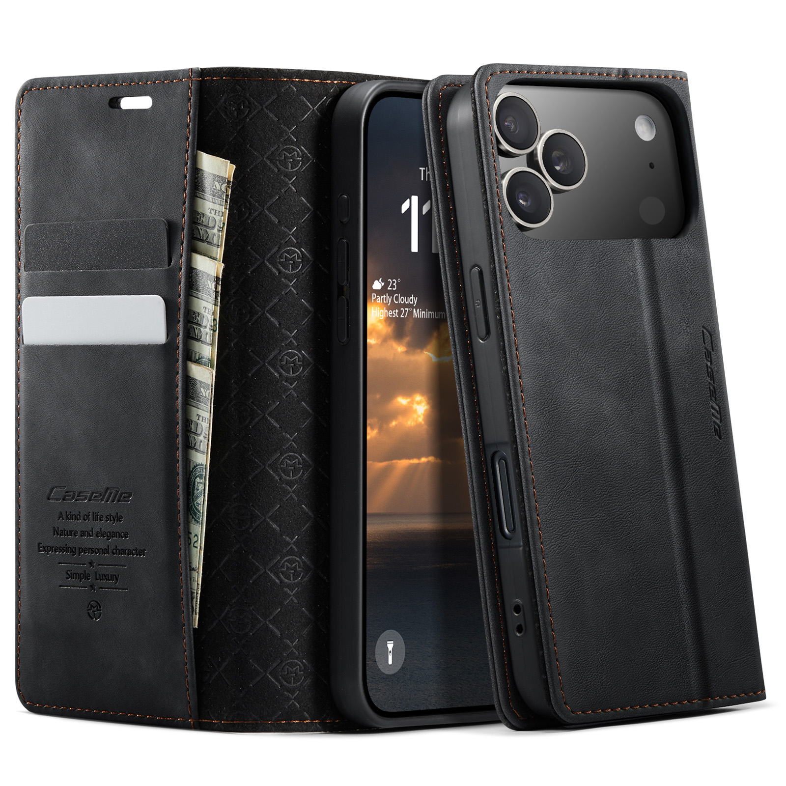 For iPhone 17 Pro Case CASEME 033 Series RFID Blocking Wallet Stand Calf Texture Leather Phone Cover - Black