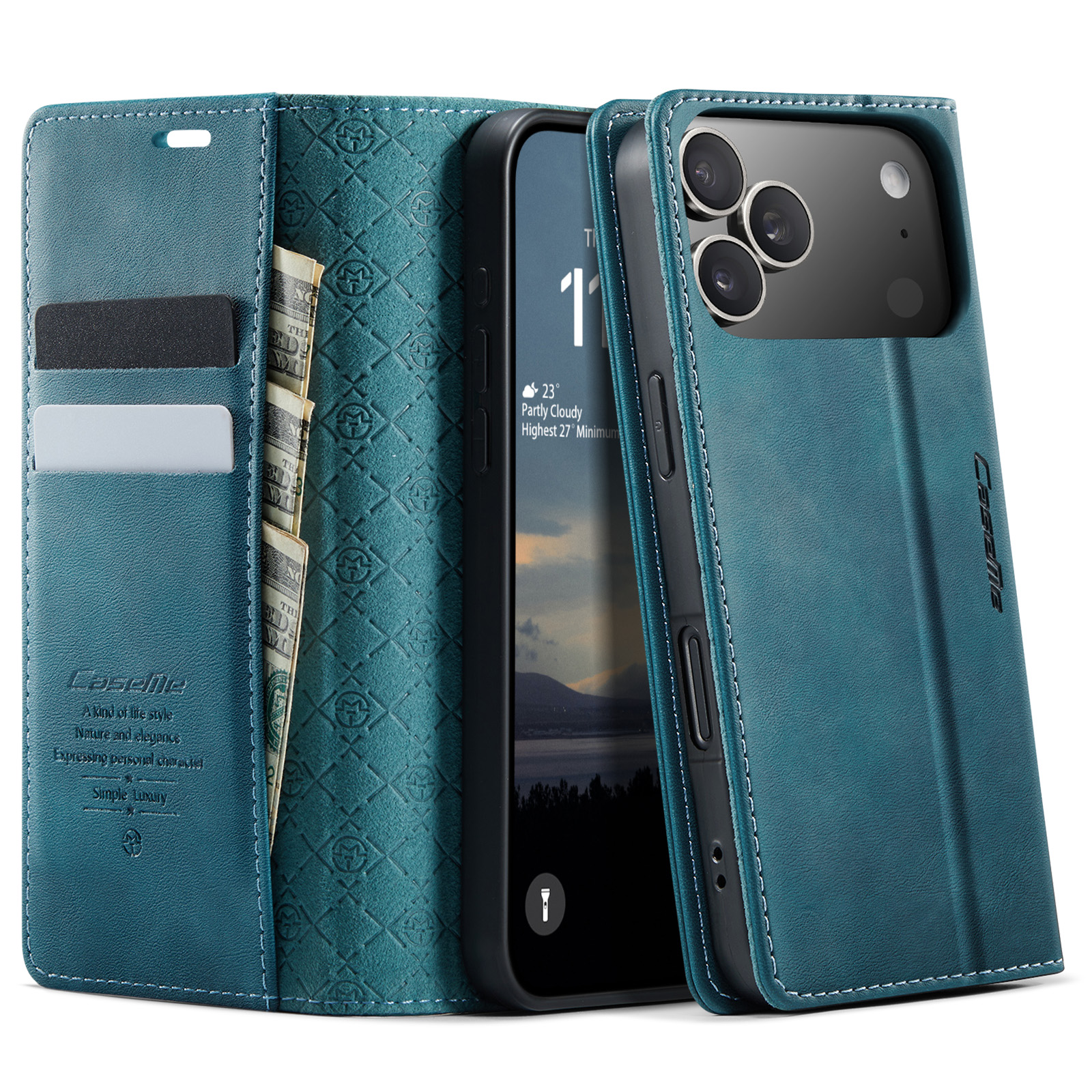 For iPhone 17 Pro Case CASEME 033 Series RFID Blocking Wallet Stand Calf Texture Leather Phone Cover - Green