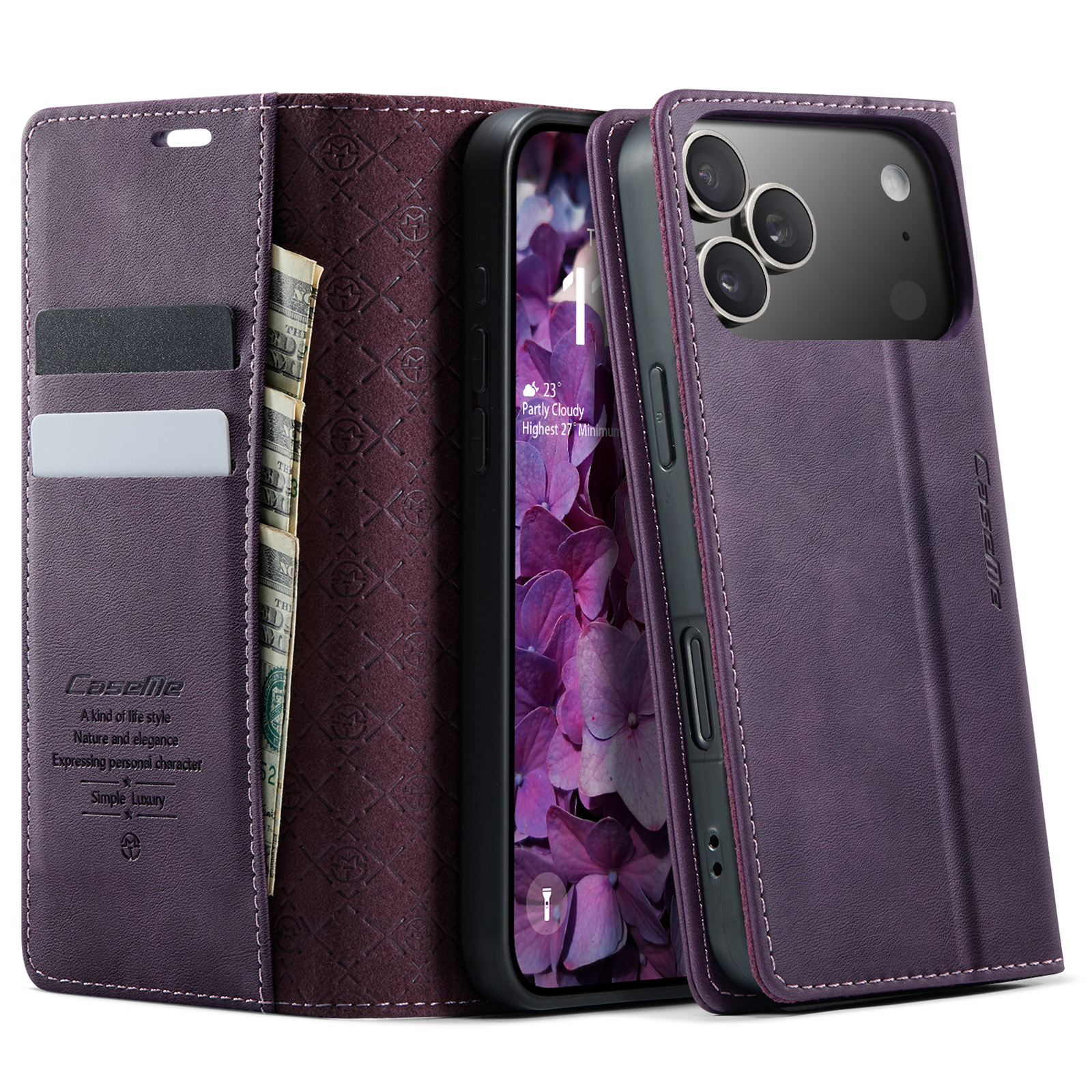 For iPhone 17 Pro Case CASEME 033 Series RFID Blocking Wallet Stand Calf Texture Leather Phone Cover - Purple