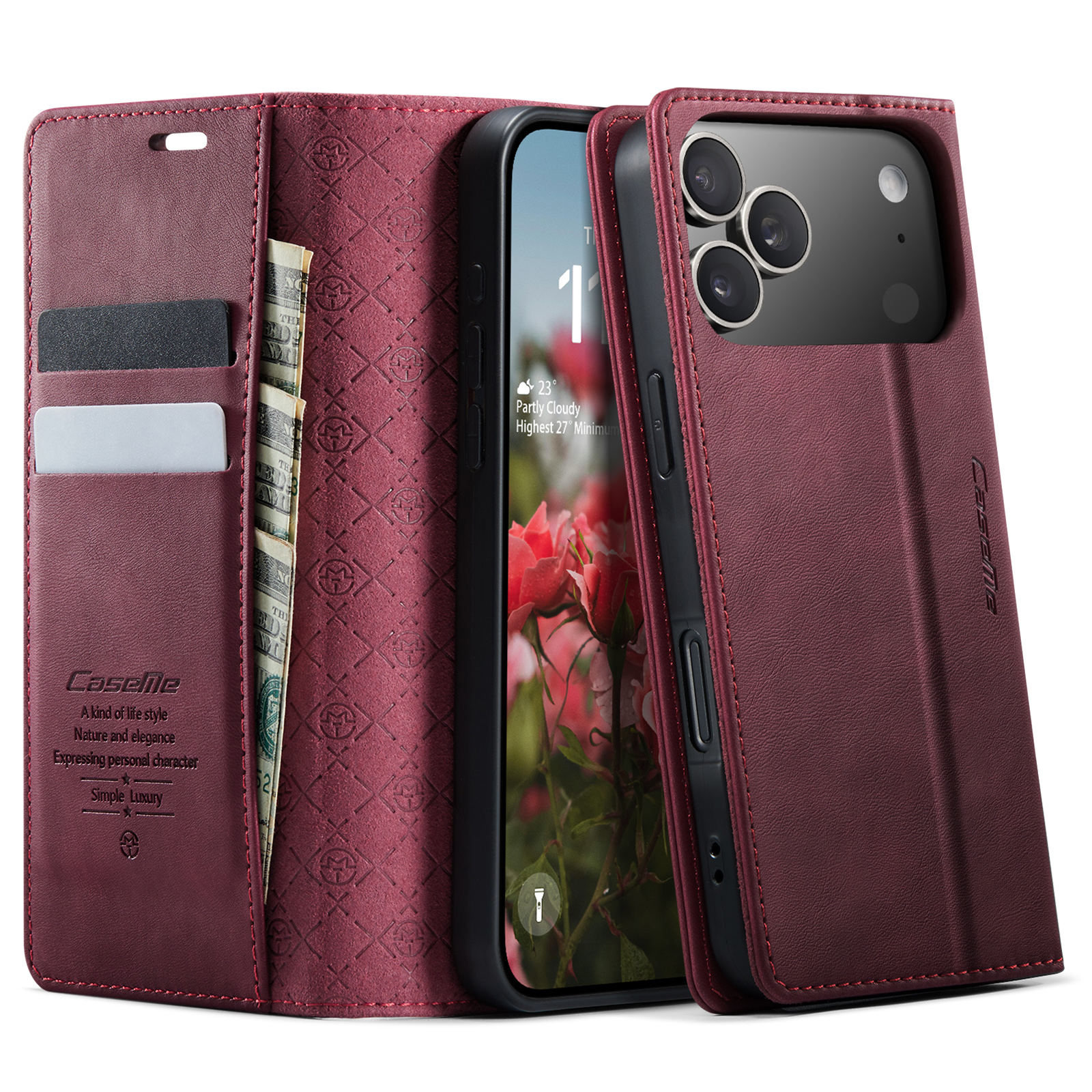 For iPhone 17 Pro Max Case CASEME 033 Series RFID Blocking Wallet Stand Calf Texture Leather Phone Cover - Red