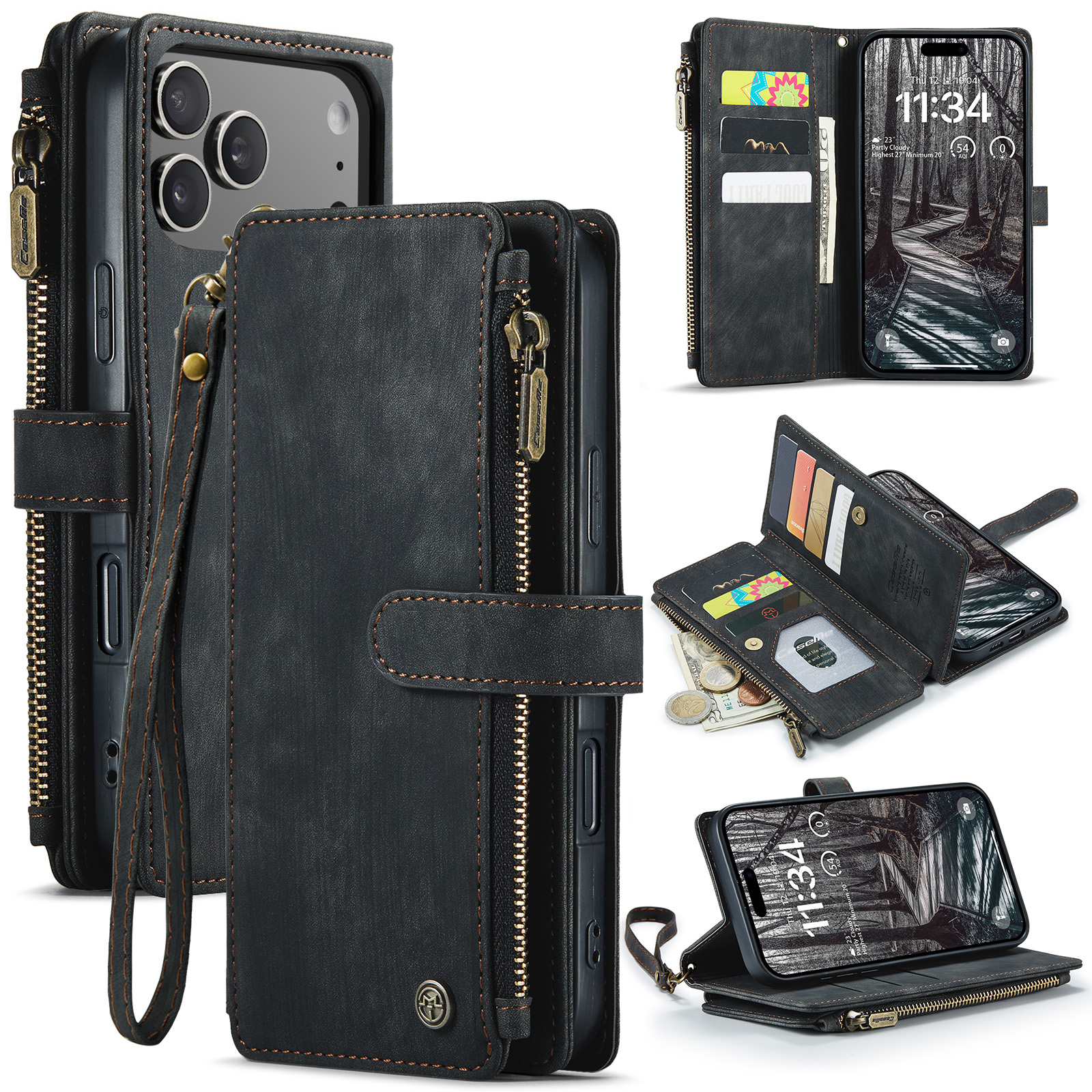 For iPhone 17 Pro Max Phone Cases with Strap CASEME C30 Zipper Multiple Card Holder PU Leather Cover - Black