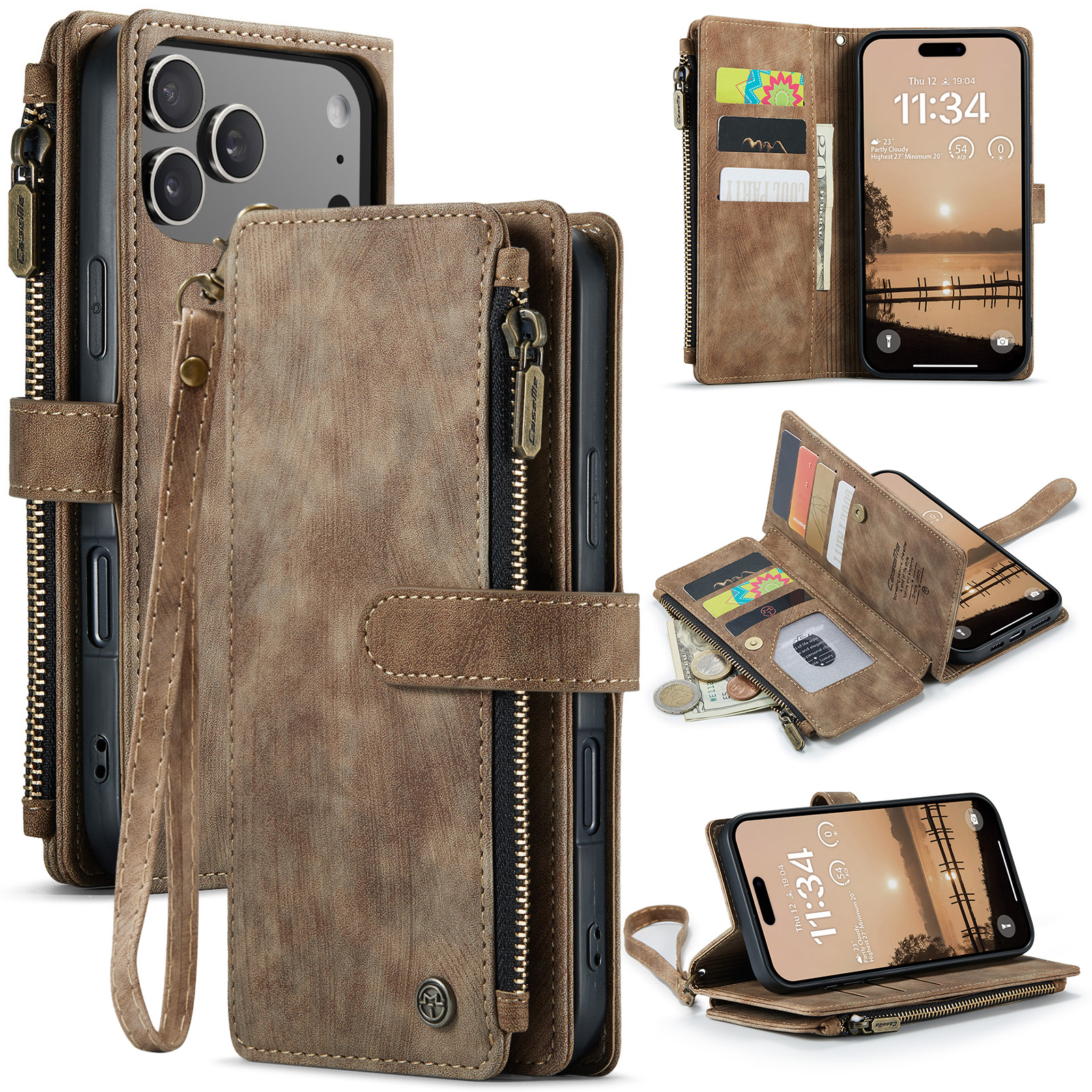 For iPhone 17 Pro Max Phone Cases with Strap CASEME C30 Zipper Multiple Card Holder PU Leather Cover - Brown