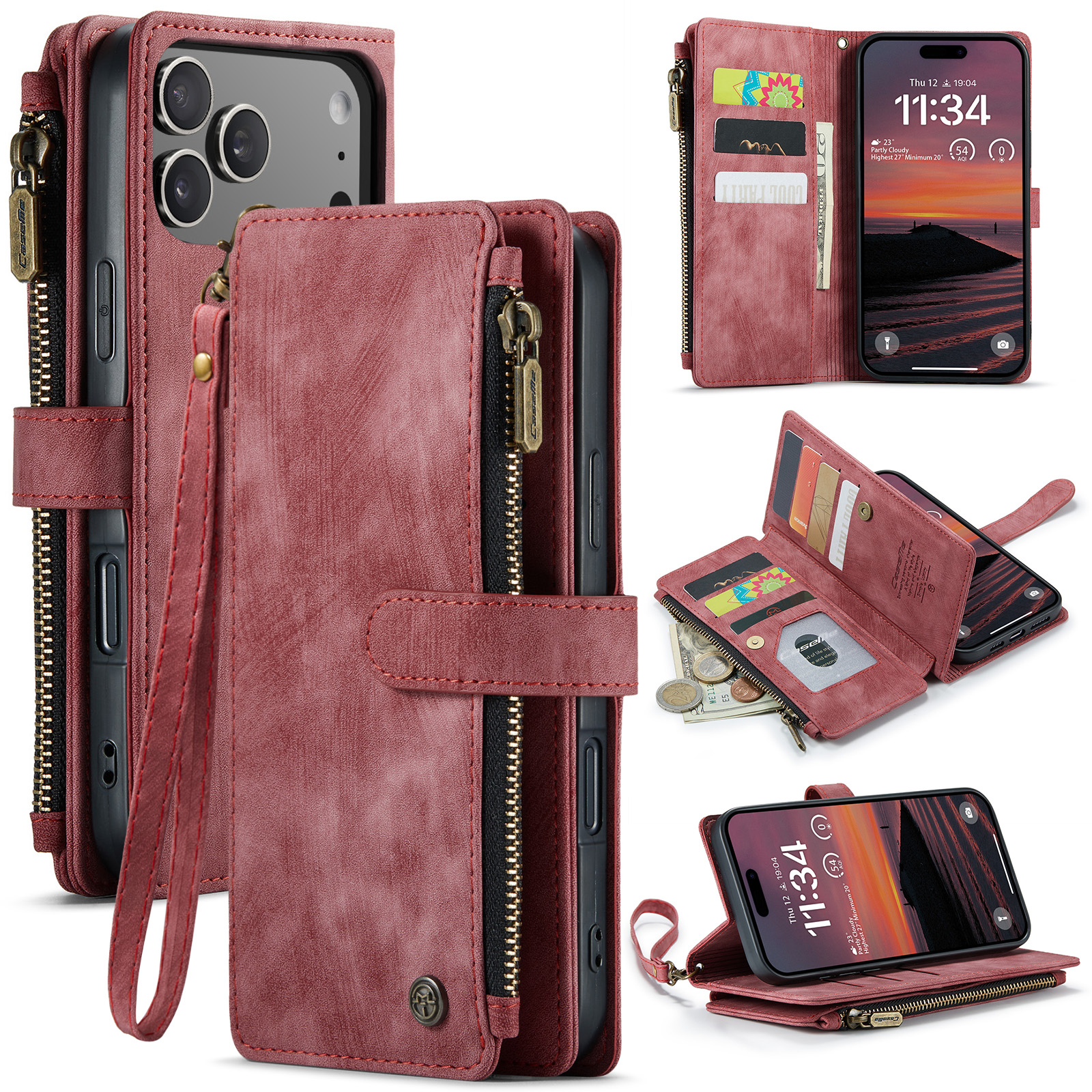 For iPhone 17 Pro Max Phone Cases with Strap CASEME C30 Zipper Multiple Card Holder PU Leather Cover - Red