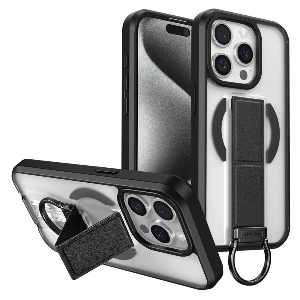 For iPhone 15 Pro Magnetic Case with Folding Kickstand / Ring Holder TPU + PC Phone Back Cover - Black