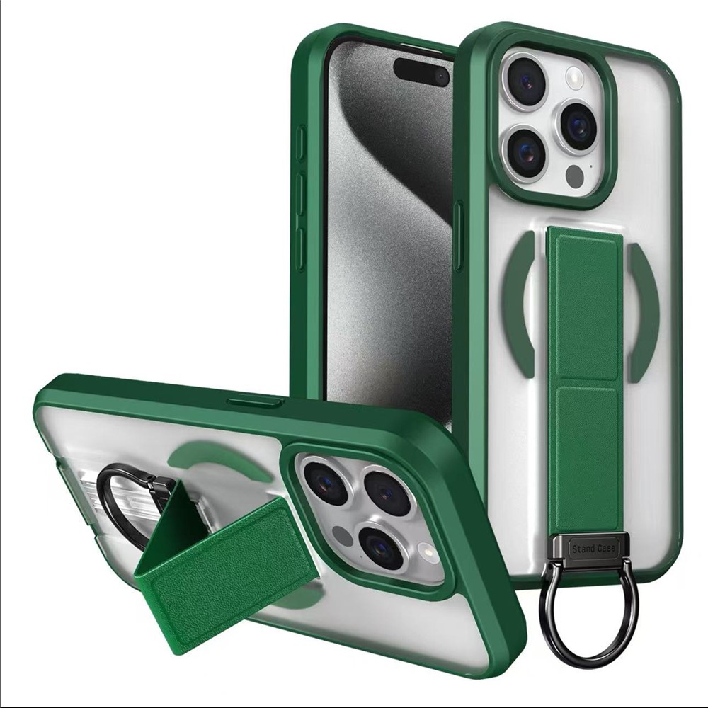 For iPhone 15 Pro Magnetic Case with Folding Kickstand / Ring Holder TPU + PC Phone Back Cover - Green