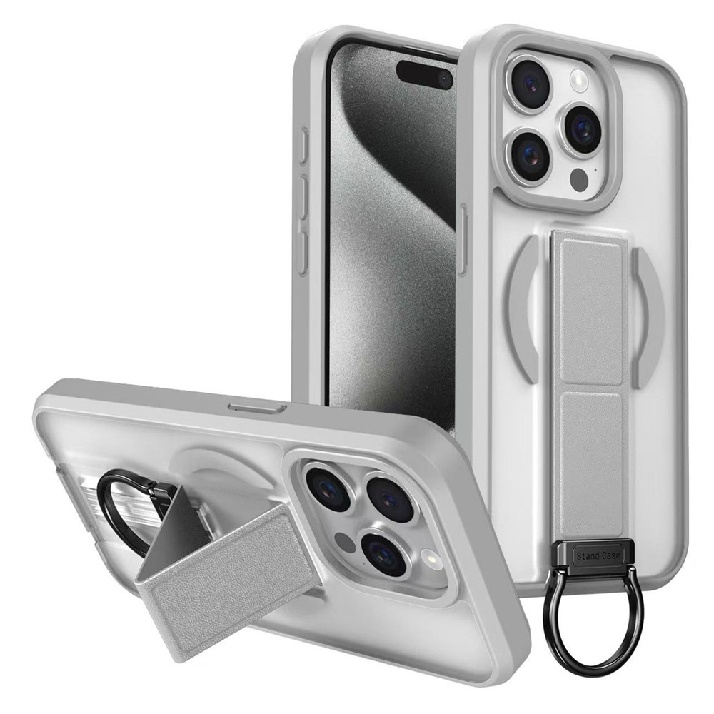For iPhone 15 Pro Magnetic Case with Folding Kickstand / Ring Holder TPU + PC Phone Back Cover - Grey