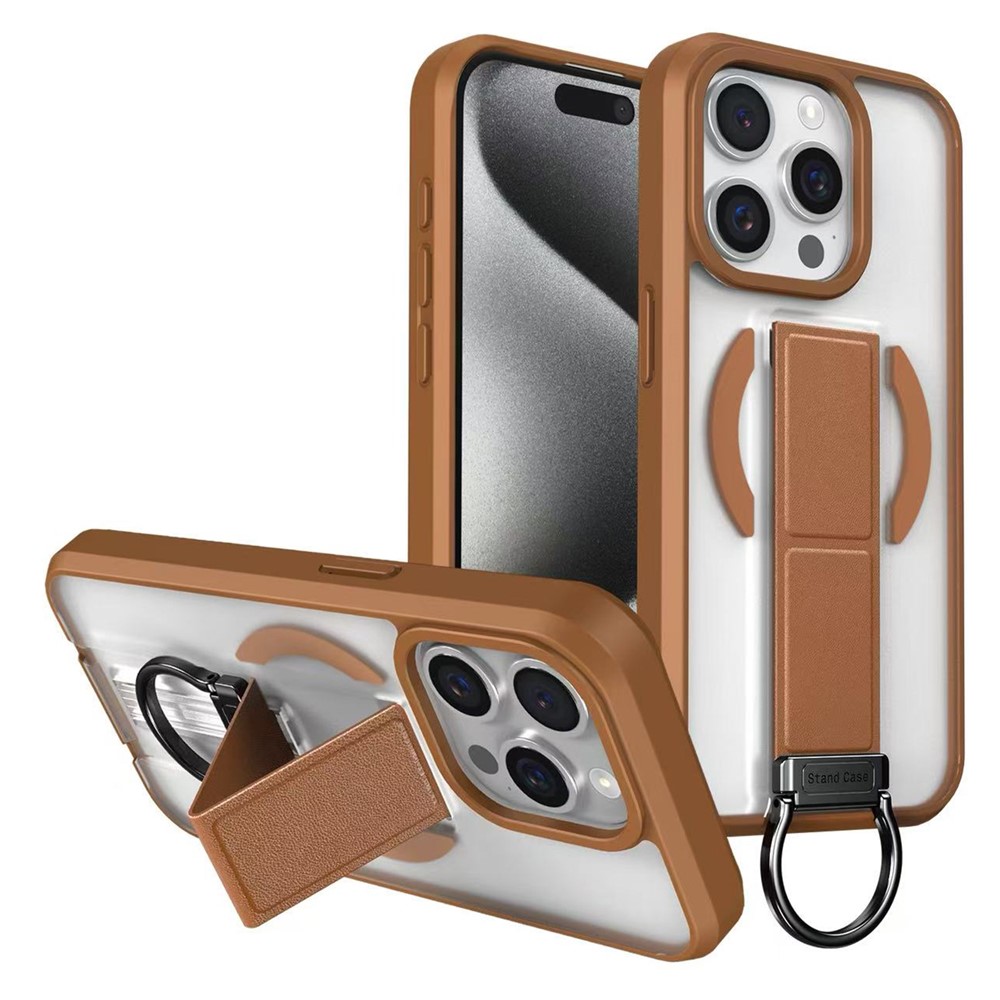 For iPhone 15 Pro Max Magnetic Case with Folding Kickstand / Ring Holder TPU + PC Phone Back Cover - Khaki