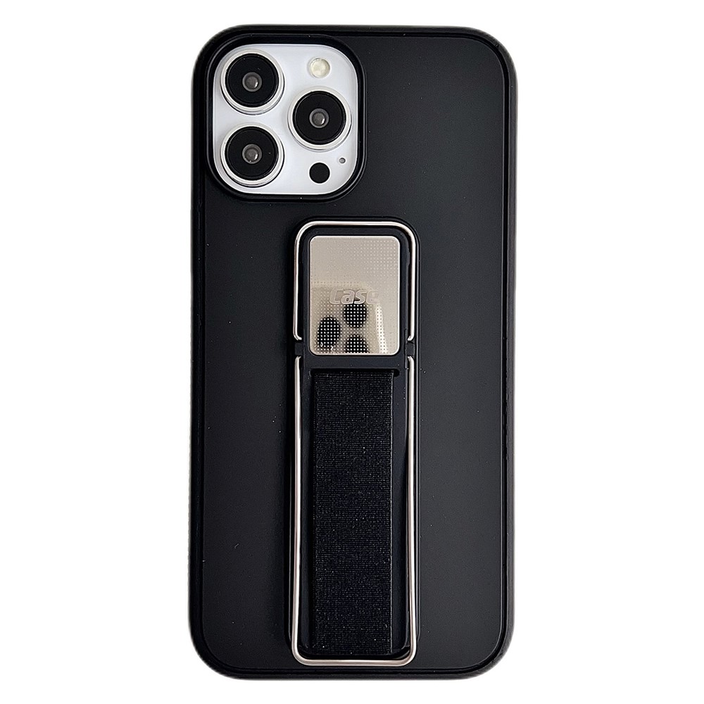 For iPhone 16 Pro Max Case TPU + PC Phone Cover with Kickstand / Elastic Finger Strap - Black