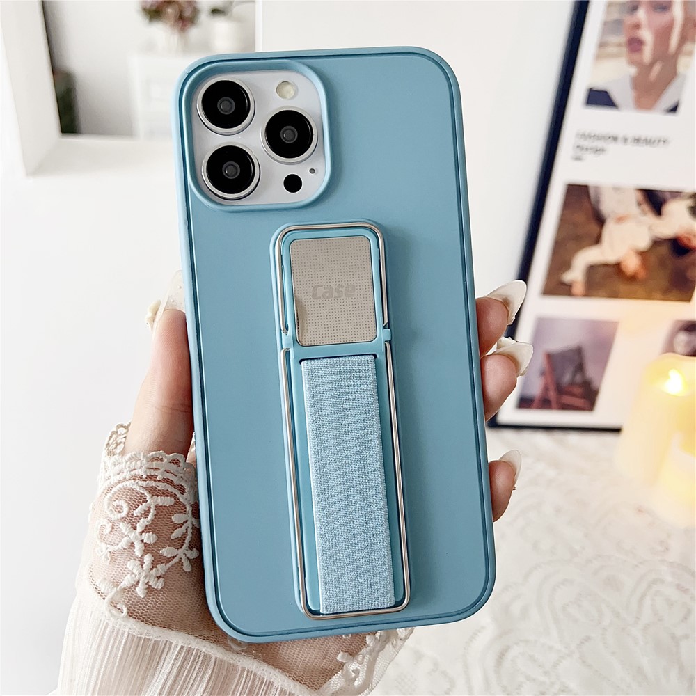 For iPhone 16 Pro Max Case TPU + PC Phone Cover with Kickstand / Elastic Finger Strap - Blue