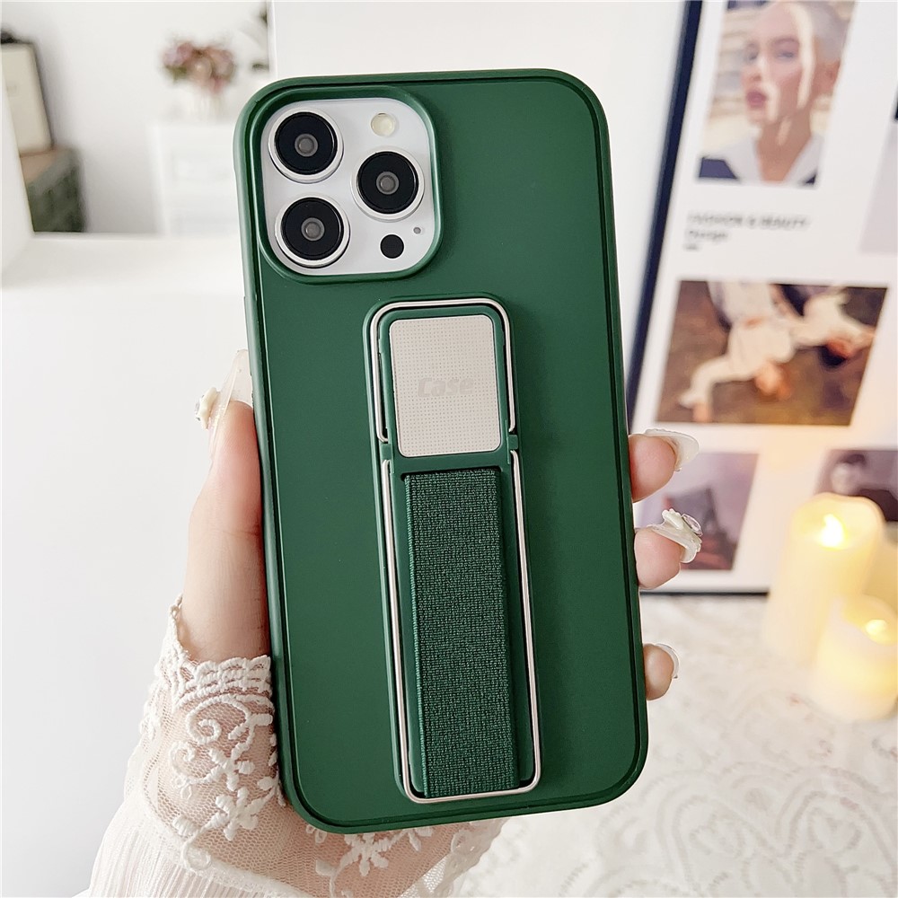 For iPhone 16 Pro Case TPU + PC Phone Cover with Kickstand / Elastic Finger Strap - Blackish Green