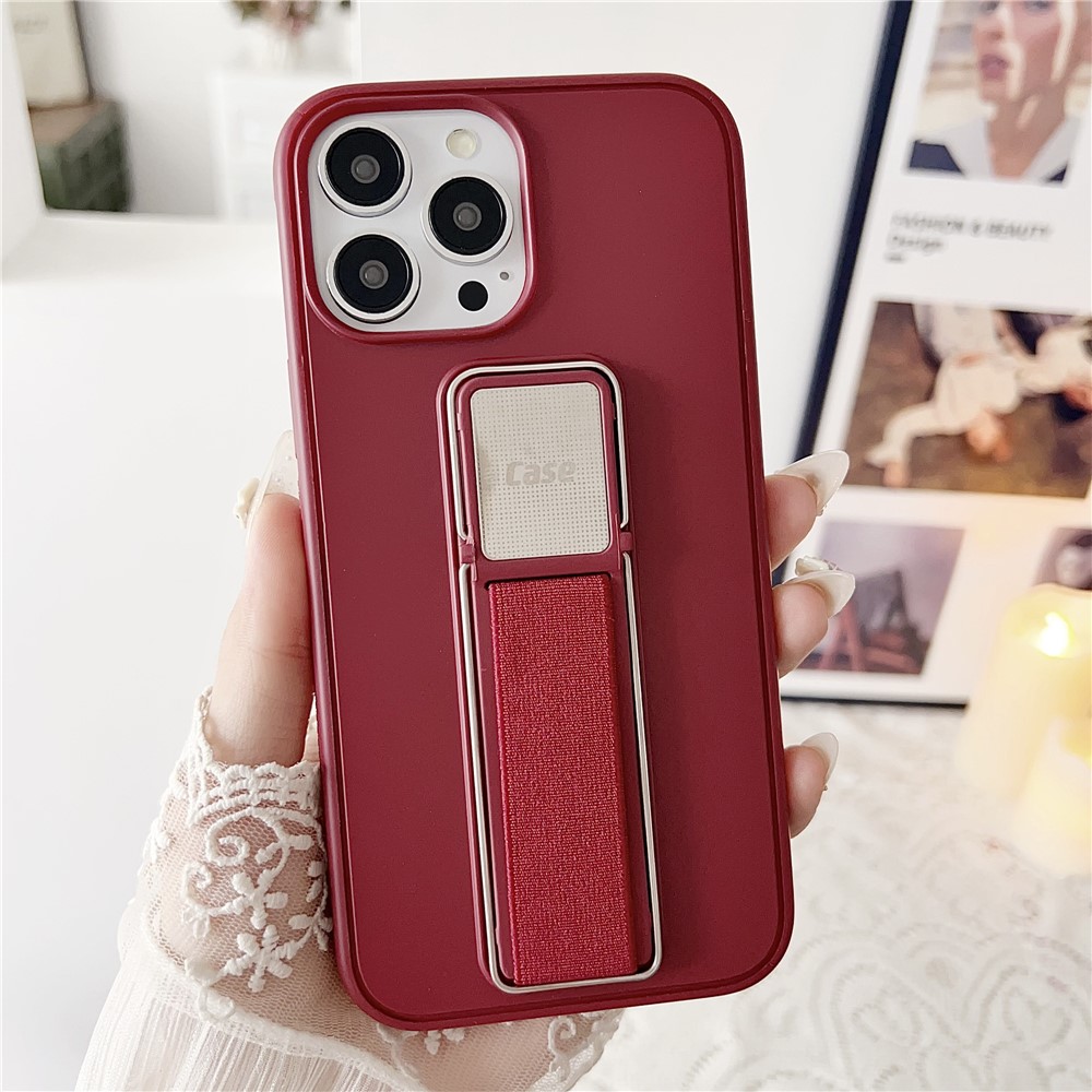For iPhone 15 Pro Max Case TPU + PC Phone Cover with Kickstand / Elastic Finger Strap - Wine Red