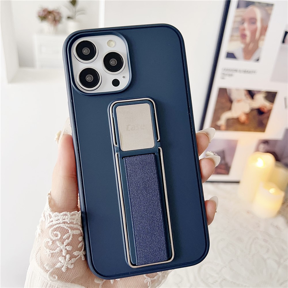 For iPhone 15 Pro Max Case TPU + PC Phone Cover with Kickstand / Elastic Finger Strap - Navy Blue