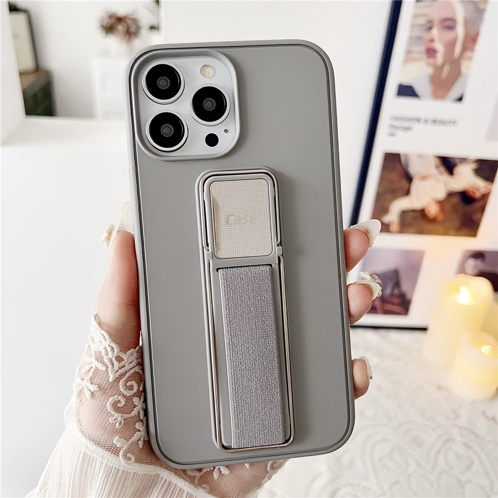 For iPhone 15 Pro Case TPU + PC Phone Cover with Kickstand / Elastic Finger Strap - Grey