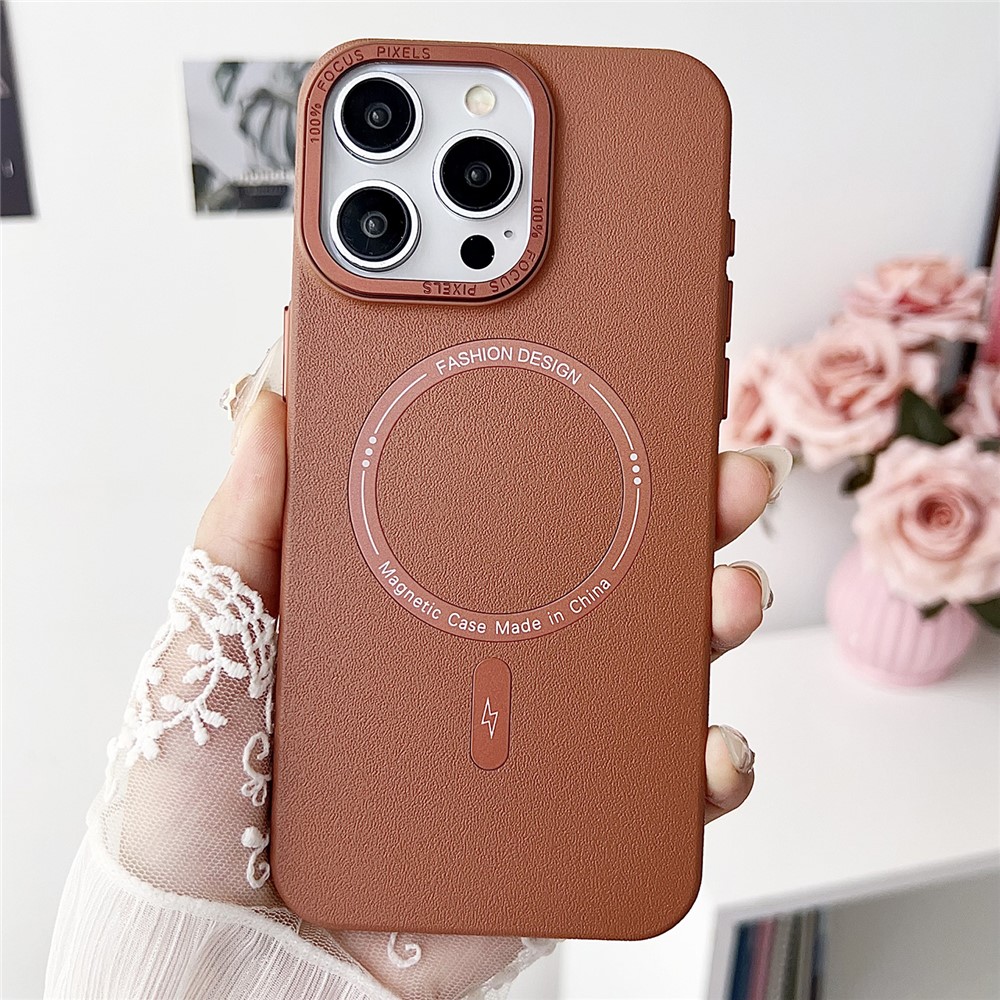 For iPhone 16 Pro Magnetic Case TPU + PC + PU Phone Cover with Metal Lens Frame - Brown