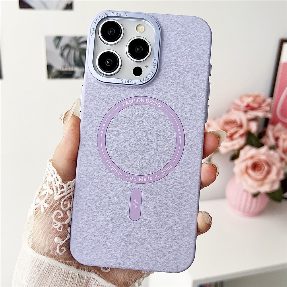 For iPhone 16 Pro Magnetic Case TPU + PC + PU Phone Cover with Metal Lens Frame - Light Purple