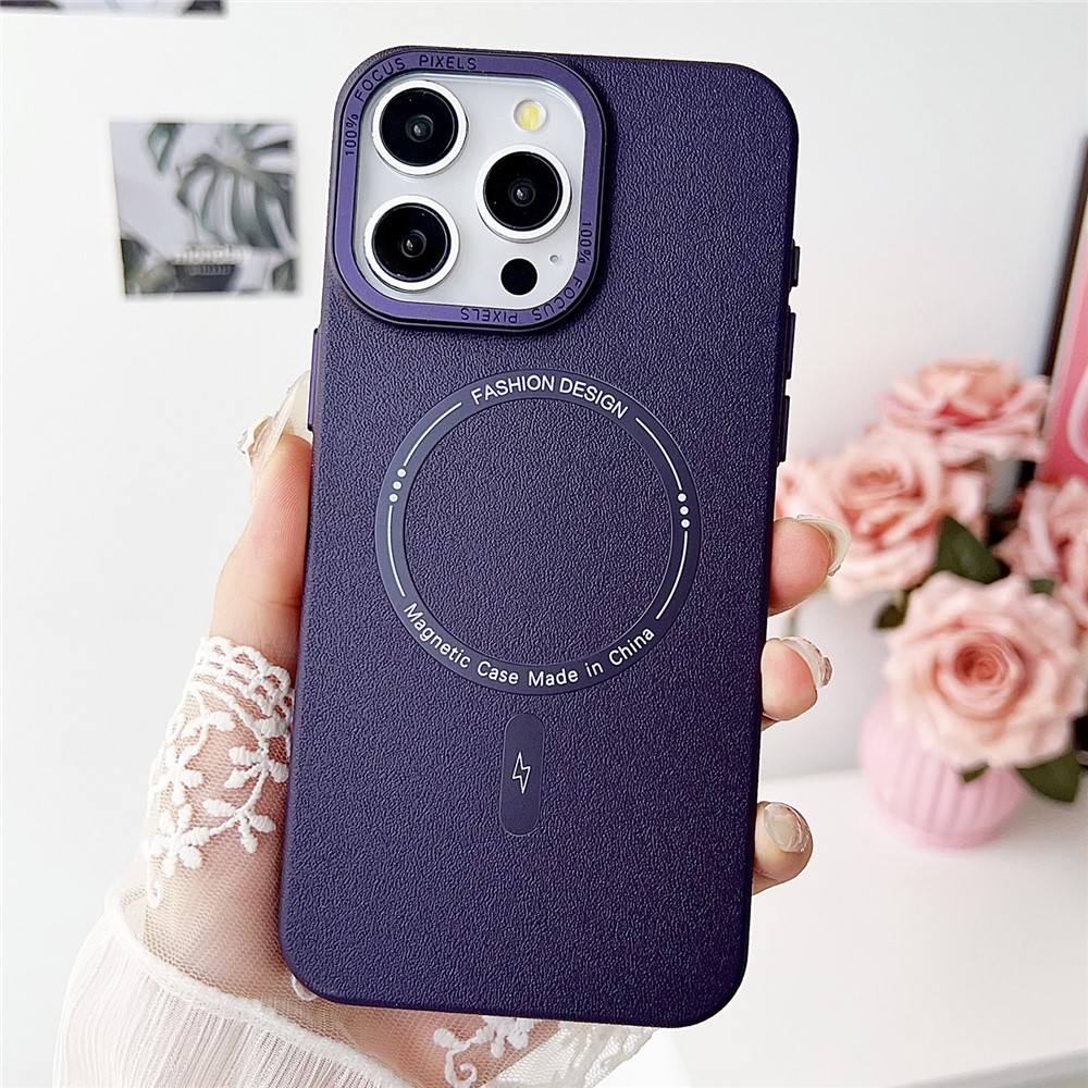 For iPhone 15 Pro Magnetic Case TPU + PC + PU Phone Cover with Metal Lens Frame - Purple