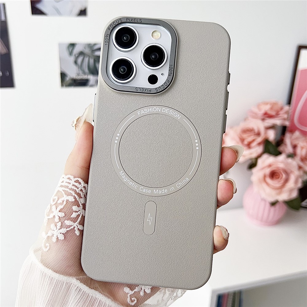 For iPhone 15 Pro Magnetic Case TPU + PC + PU Phone Cover with Metal Lens Frame - Titanium Grey