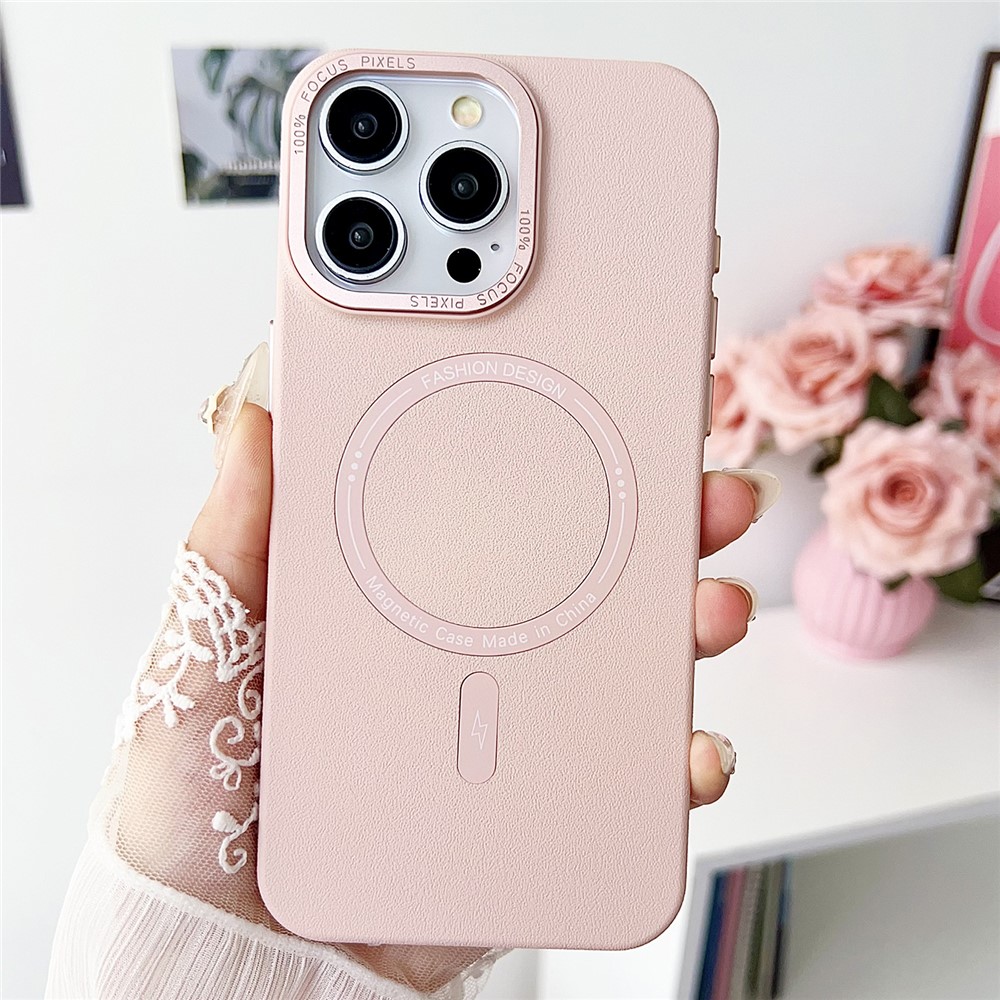 For iPhone 15 Pro Magnetic Case TPU + PC + PU Phone Cover with Metal Lens Frame - Pink