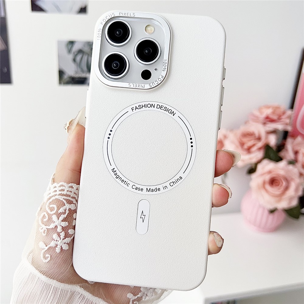 For iPhone 15 Pro Magnetic Case TPU + PC + PU Phone Cover with Metal Lens Frame - White
