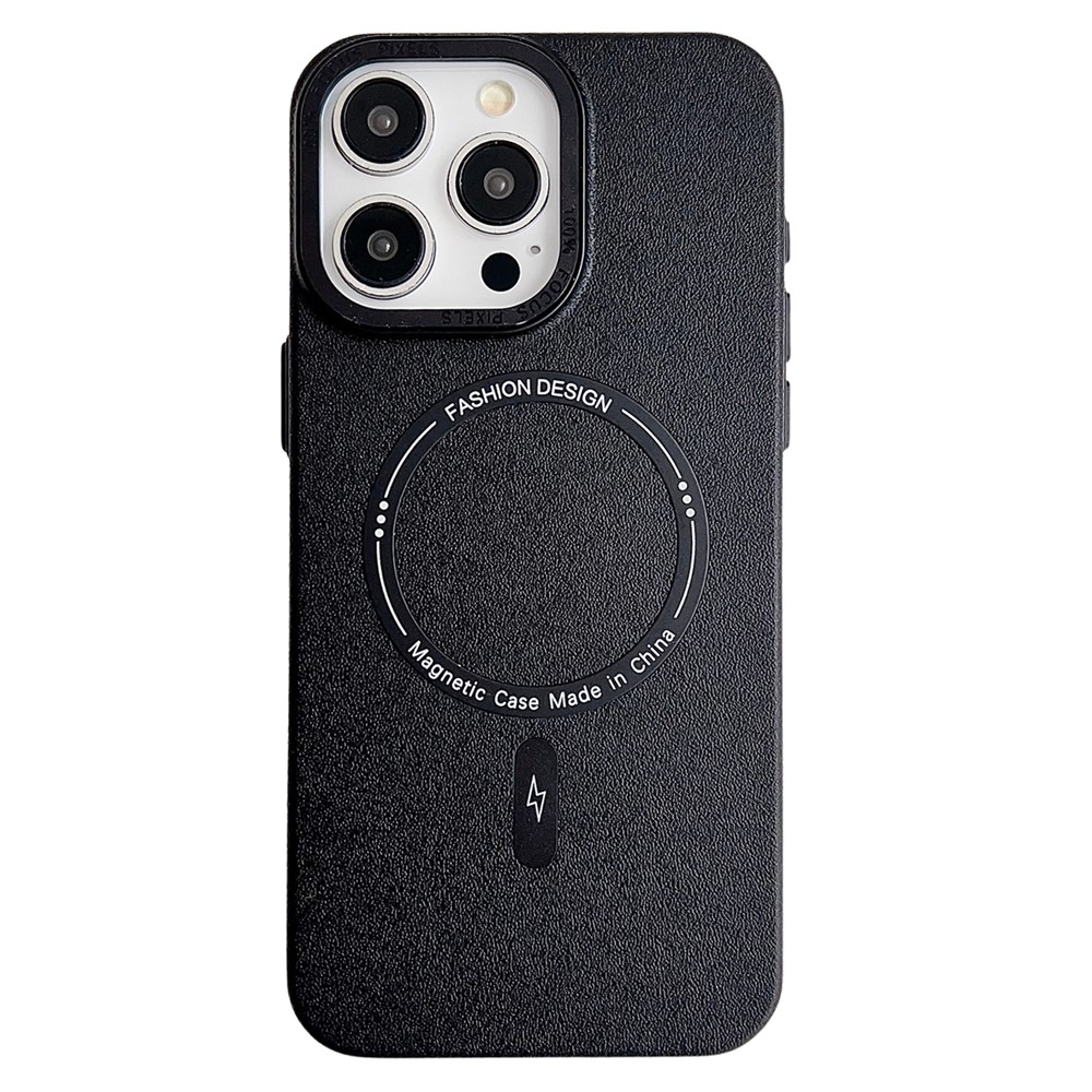 For iPhone 15 Pro Max Magnetic Case TPU + PC + PU Phone Cover with Metal Lens Frame - Black