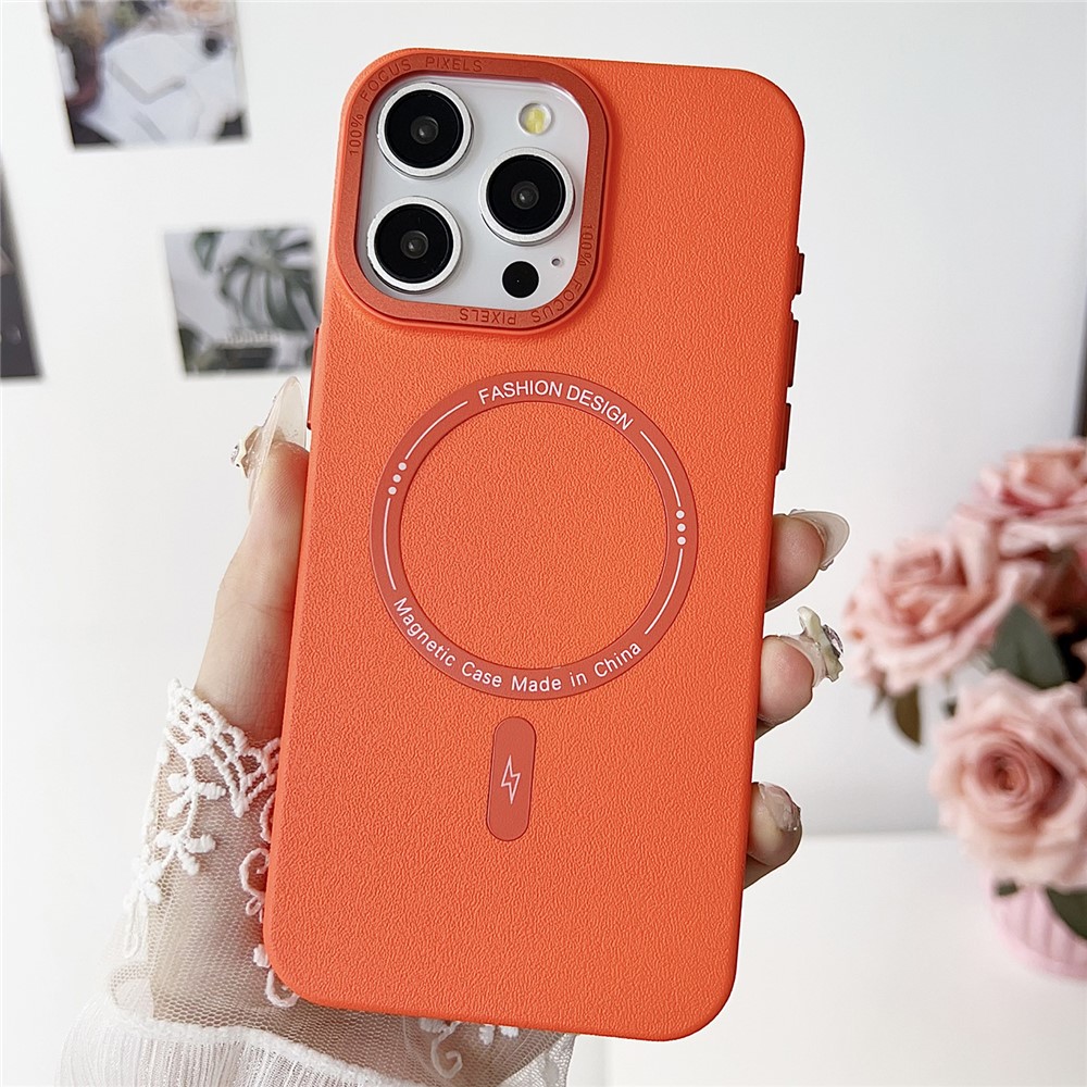 For iPhone 15 Pro Max Magnetic Case TPU + PC + PU Phone Cover with Metal Lens Frame - Orange