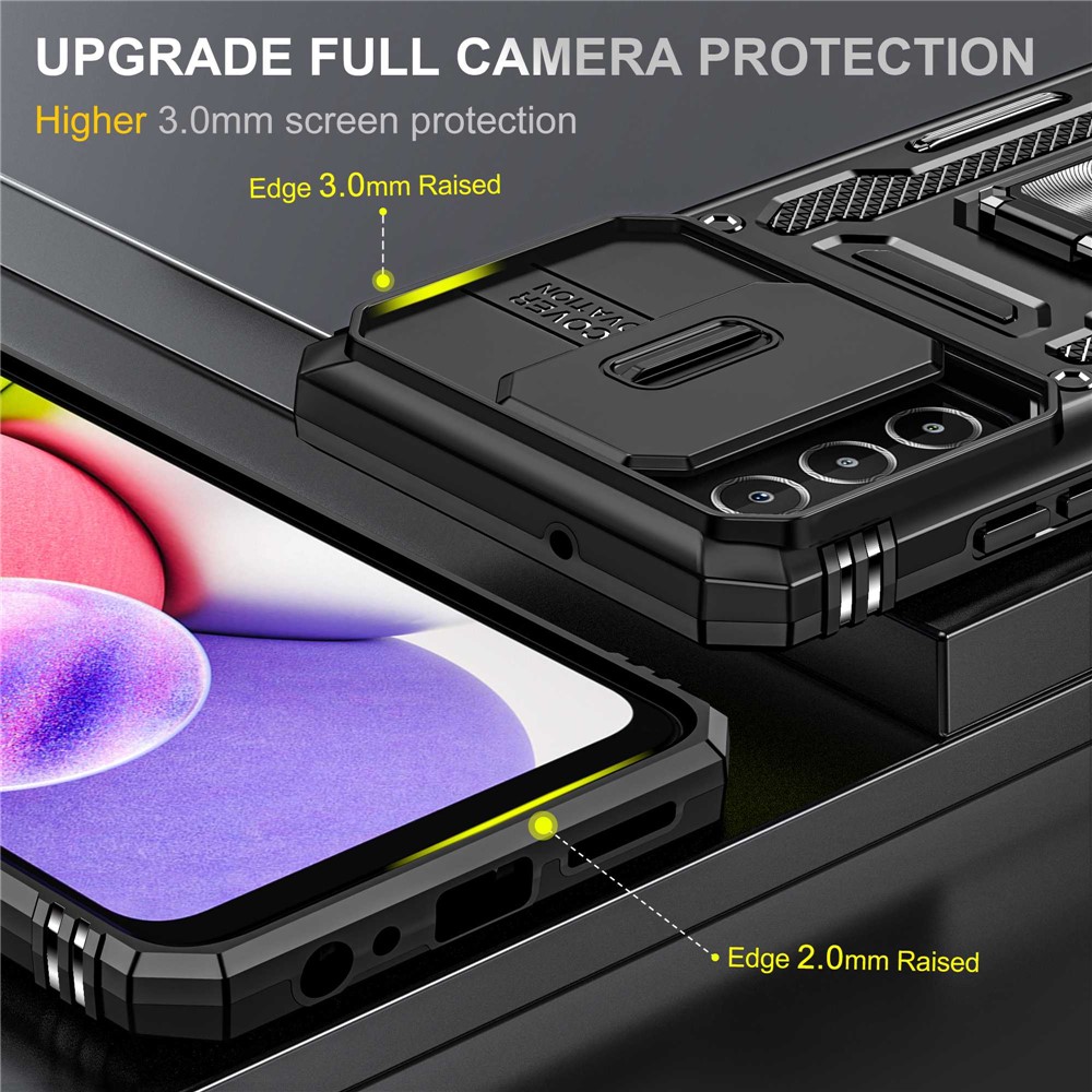 For Samsung Galaxy A03s (165.8 x 75.9 x 9.1mm) (US Version) Armor Series Shock Absorbing Hybrid Hard PC Soft TPU Case Ring Car Mount Kickstand Back Shell with Camera Cover - Black-3