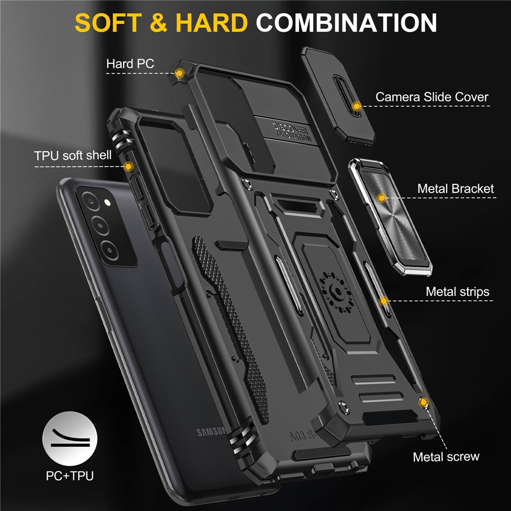 For Samsung Galaxy A03s (165.8 x 75.9 x 9.1mm) (US Version) Armor Series Shock Absorbing Hybrid Hard PC Soft TPU Case Ring Car Mount Kickstand Back Shell with Camera Cover - Black-7
