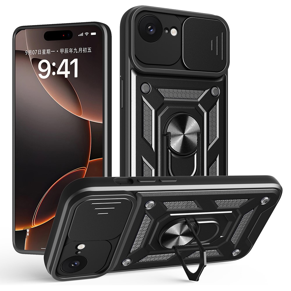 AMORUS For iPhone 16e Case Kickstand PC + TPU Phone Cover with Camera Lens Slider - Black