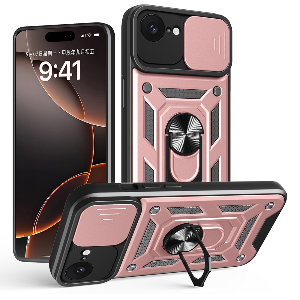 AMORUS For iPhone 16e Case Kickstand PC + TPU Phone Cover with Camera Lens Slider - Rose Gold