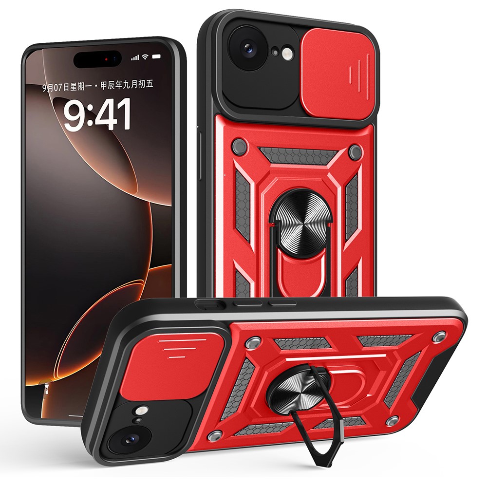 AMORUS For iPhone 16e Case Kickstand PC + TPU Phone Cover with Camera Lens Slider - Red