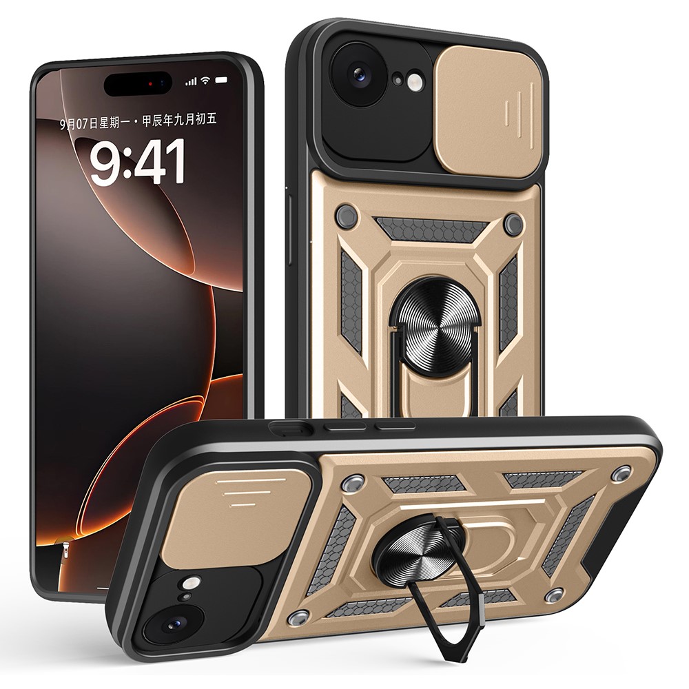 AMORUS For iPhone 16e Case Kickstand PC + TPU Phone Cover with Camera Lens Slider - Gold