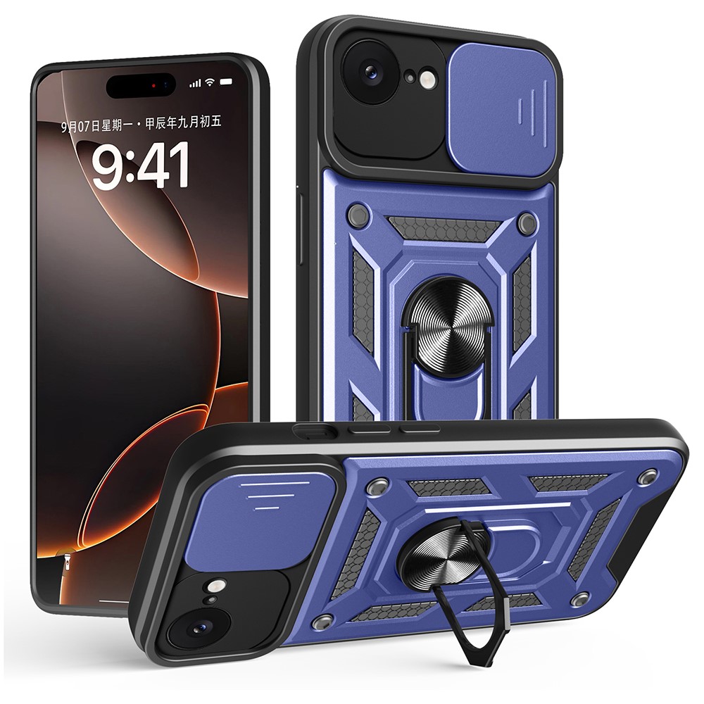 AMORUS For iPhone 16e Case Kickstand PC + TPU Phone Cover with Camera Lens Slider - Blue