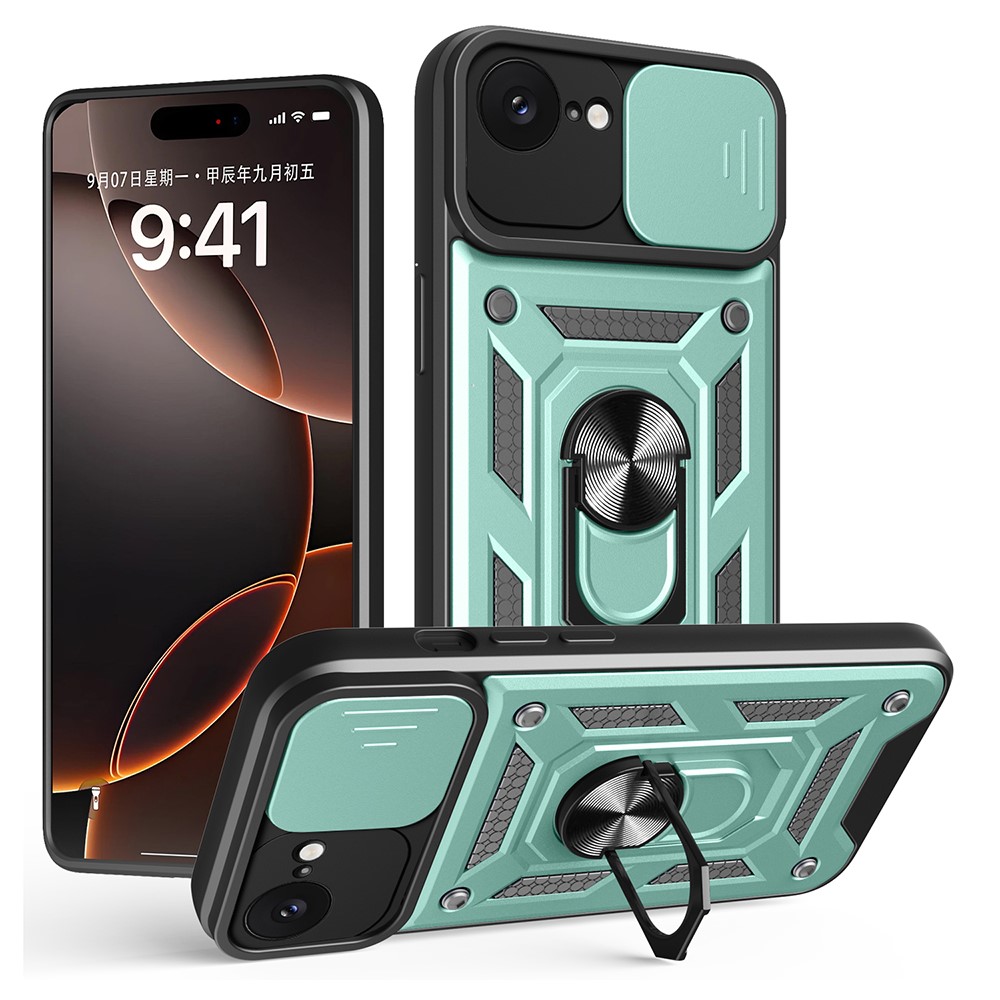 AMORUS For iPhone 16e Case Kickstand PC + TPU Phone Cover with Camera Lens Slider - Green