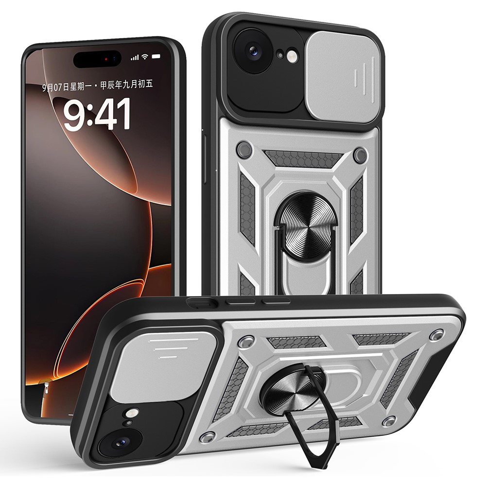 AMORUS For iPhone 16e Case Kickstand PC + TPU Phone Cover with Camera Lens Slider - Silver