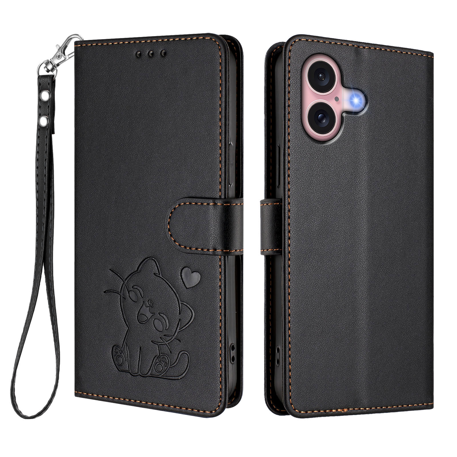 For iPhone 16 Wallet Case with Wrist Strap Love Cat Pattern Imprint Leather Phone Cover - Black