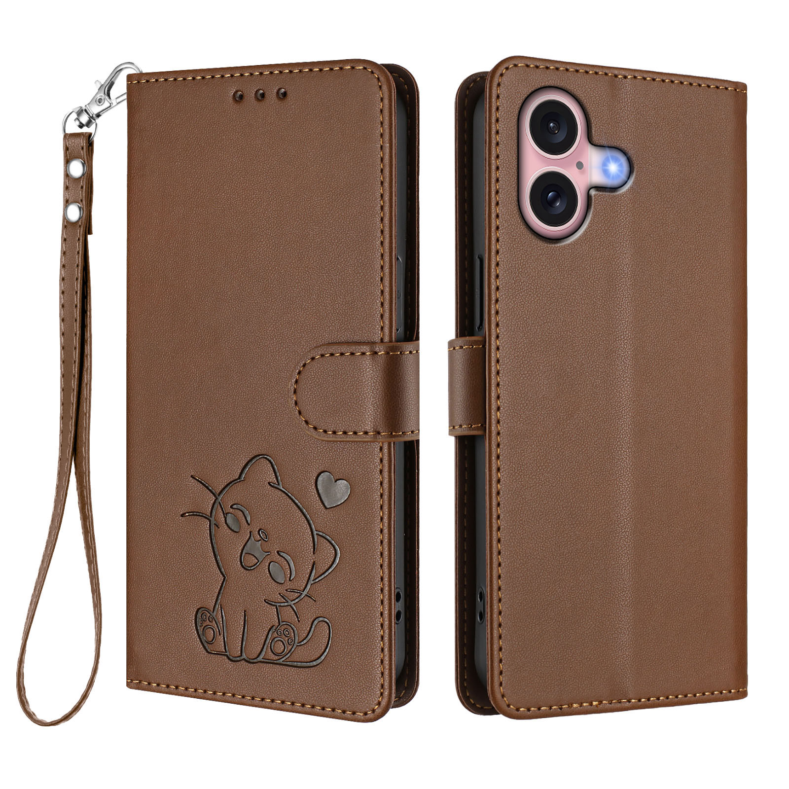For iPhone 16 Wallet Case with Wrist Strap Love Cat Pattern Imprint Leather Phone Cover - Brown